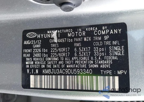 2013 Hyundai Tucson Gls z USA, uszkodzony, nr VIN KM8JU3AC9DU593340